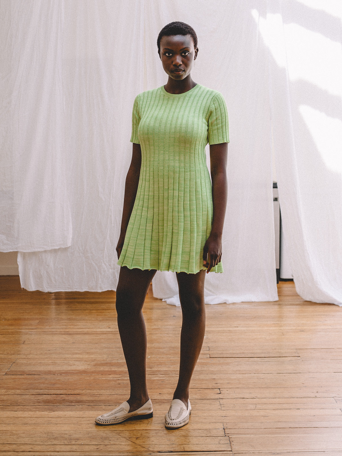 Apple Green Rib Knit Flare Dress ALIYA WANEK Apple Green Rib Knit Flare Dress ALIYA WANEK