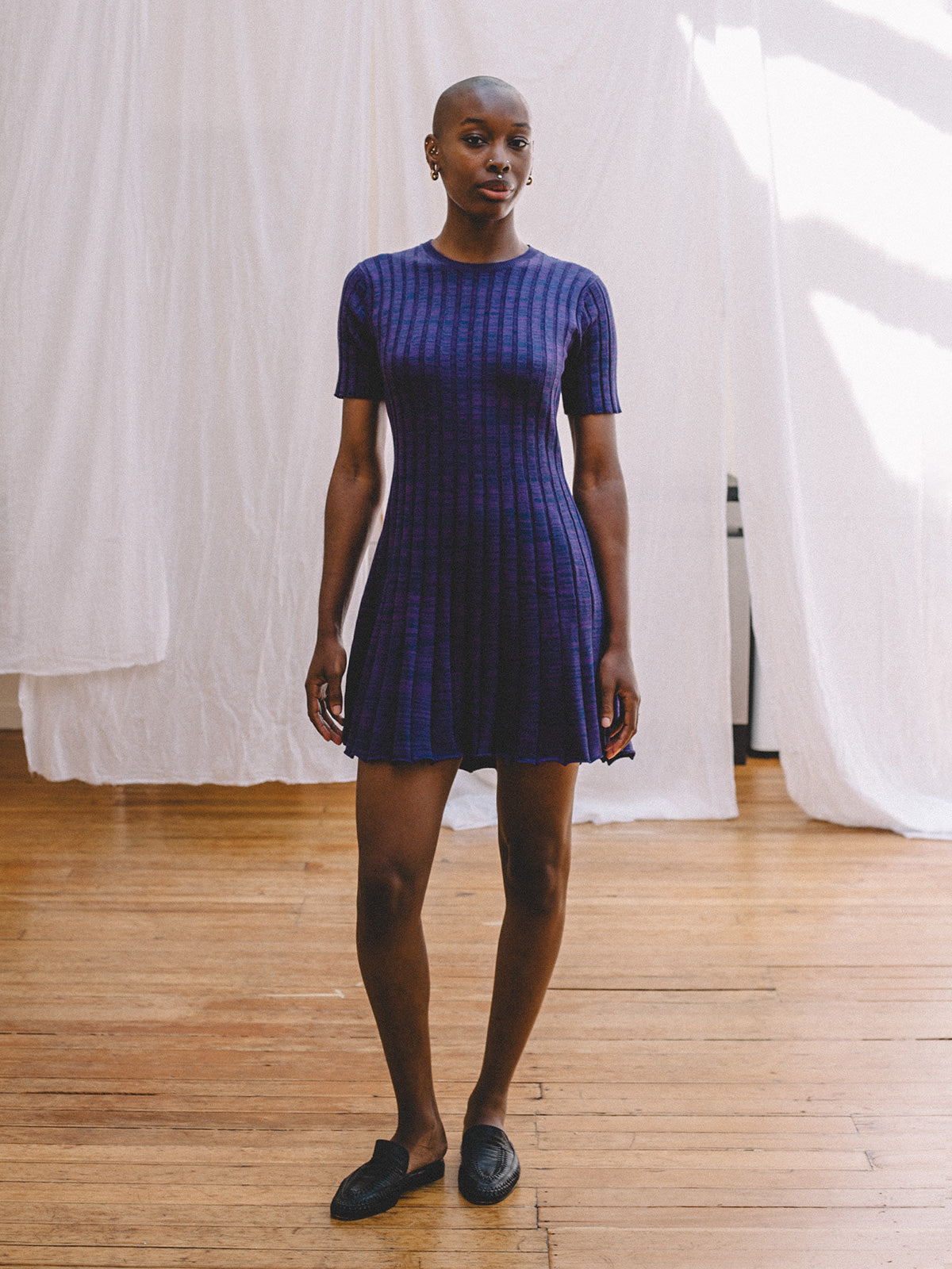 Blue Purple Rib Knit Flare Dress  ALIYA WANEK