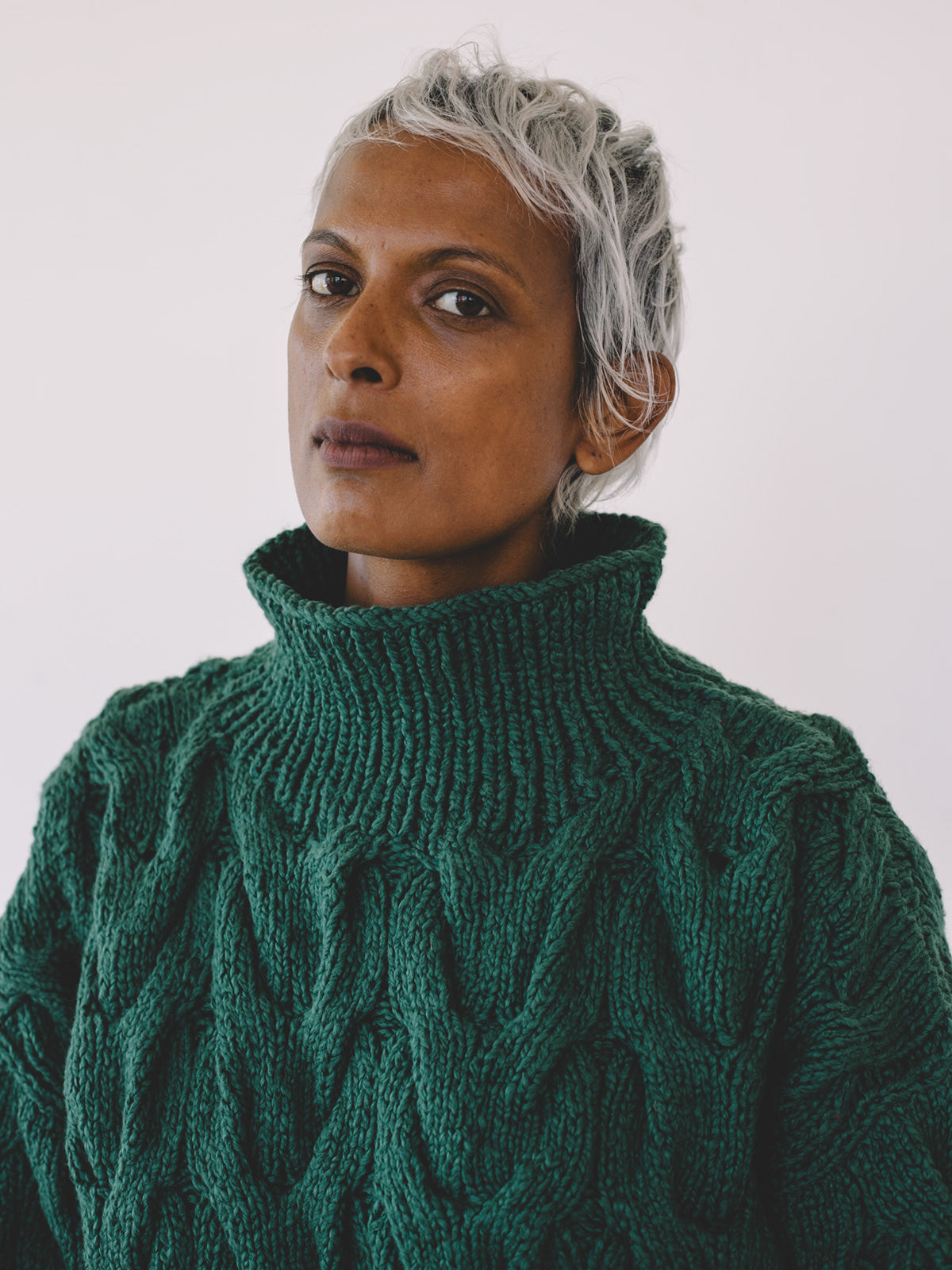 Organic Cotton Turtleneck Dark Green Hand Knit Sweater