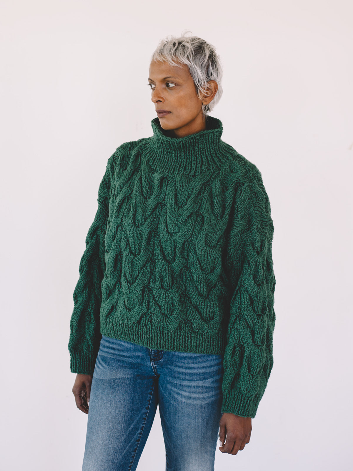 Organic Cotton Turtleneck Dark Green Hand Knit Sweater