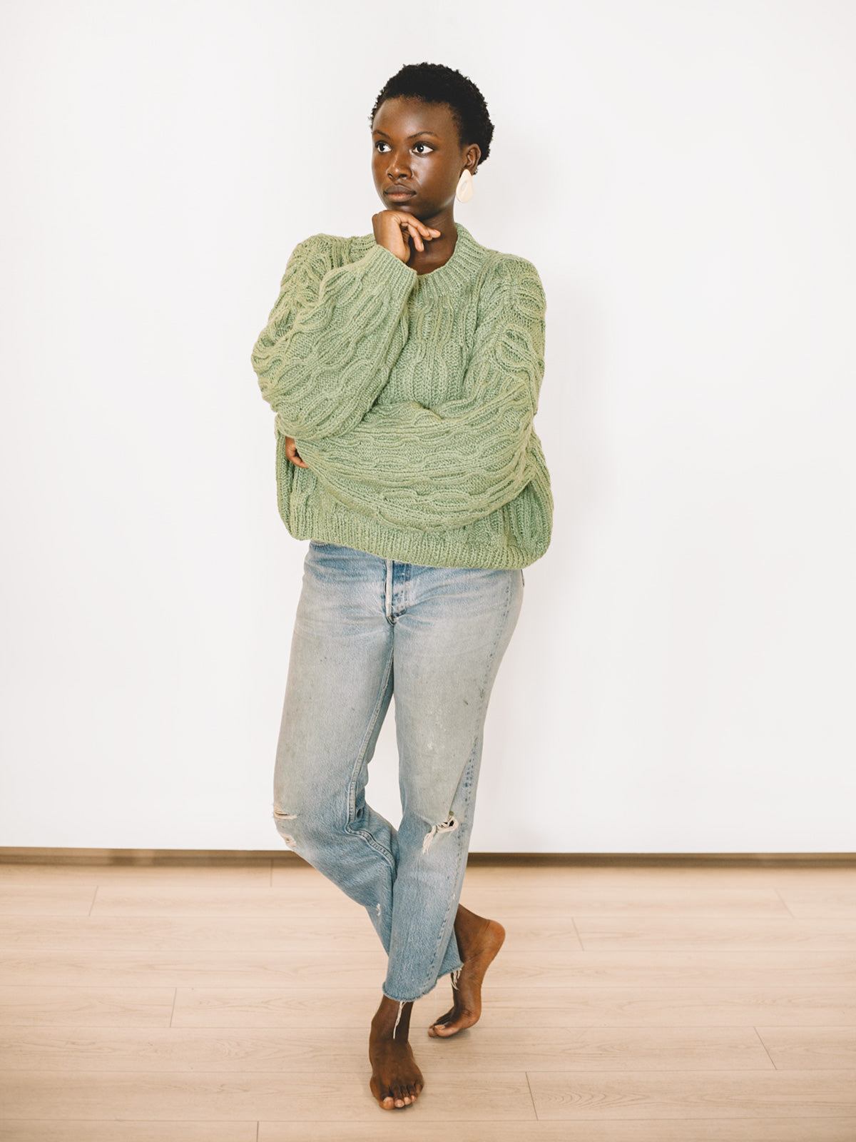 Green Organic Cotton Crewneck Hand Knit Sweater – ALIYA WANEK